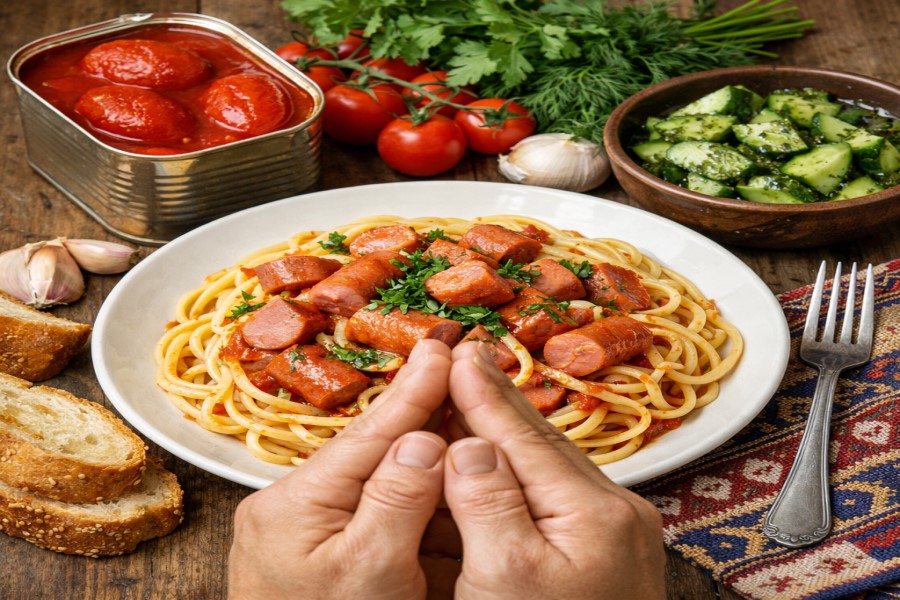 Bir qutu tomat, sosiskalı spaget əkin ...