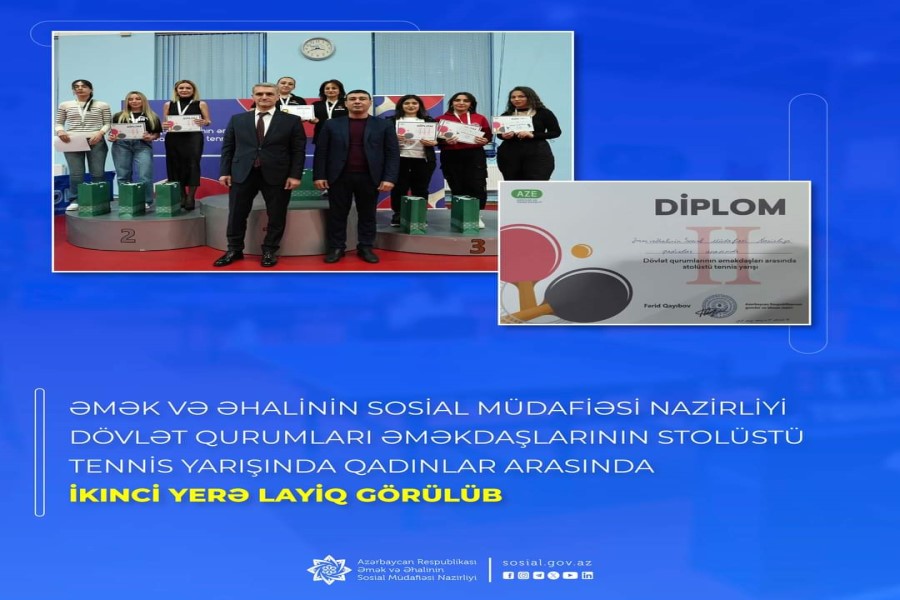 Əmək və Əhalinin Sosial Müdafiəsi Nazirliyi dövlət qurumları əməkdaşlarının stolüstü tennis yarışında qadınlar arasında ikinci yerə layiq görülüb