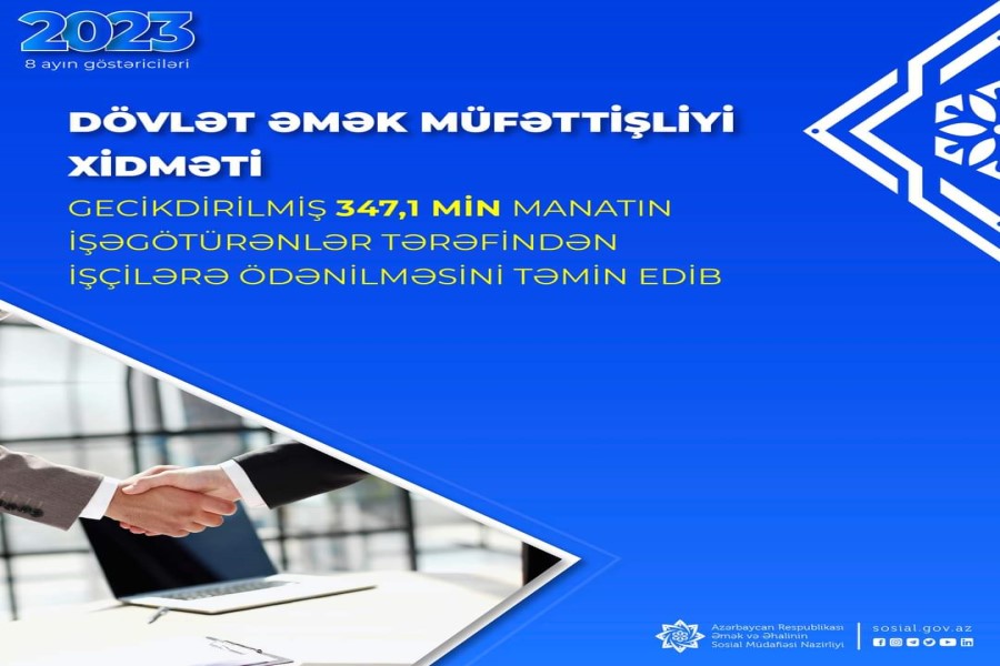 Dövlət Əmək Müfəttişliyi Xidməti gecikdirilmiş 347,1 min manatın işəgötürənlər tərəfindən işçilərə ödənilməsini təmin edib