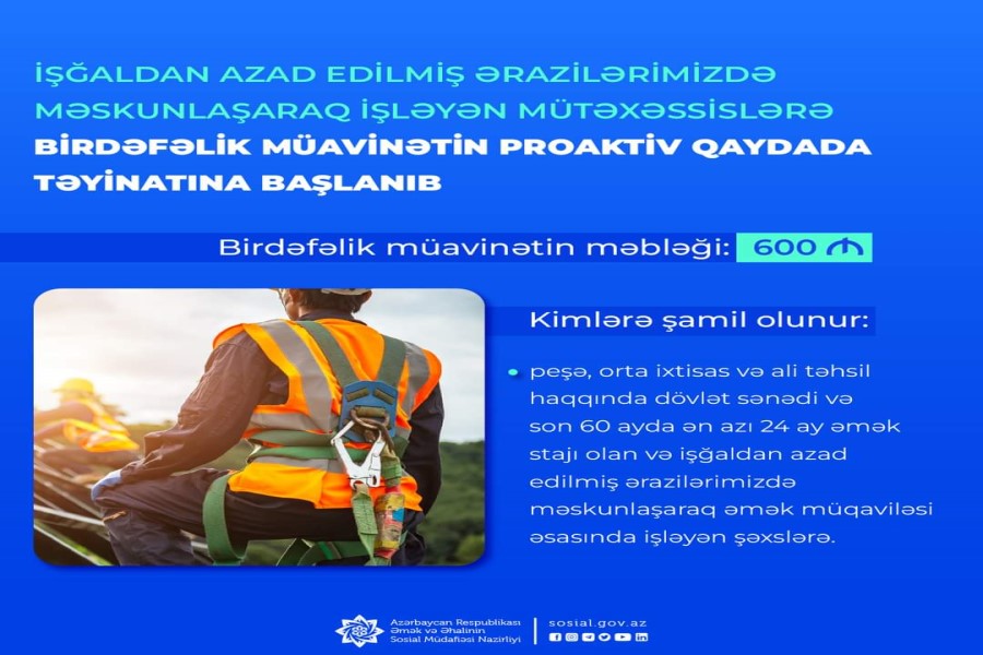 İşğaldan azad edilmiş ərazilərimizdə işləyən mütəxəssislərə birdəfəlik müavinətin proaktiv qaydada təyinatına başlanıb