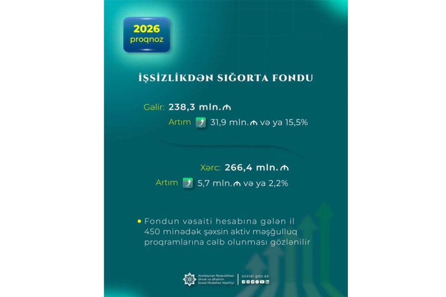 İşsizlikdən sığorta fondunun xərcləri gələn il 5,7 milyon manat artaraq 266,4 milyon manata çatacaq